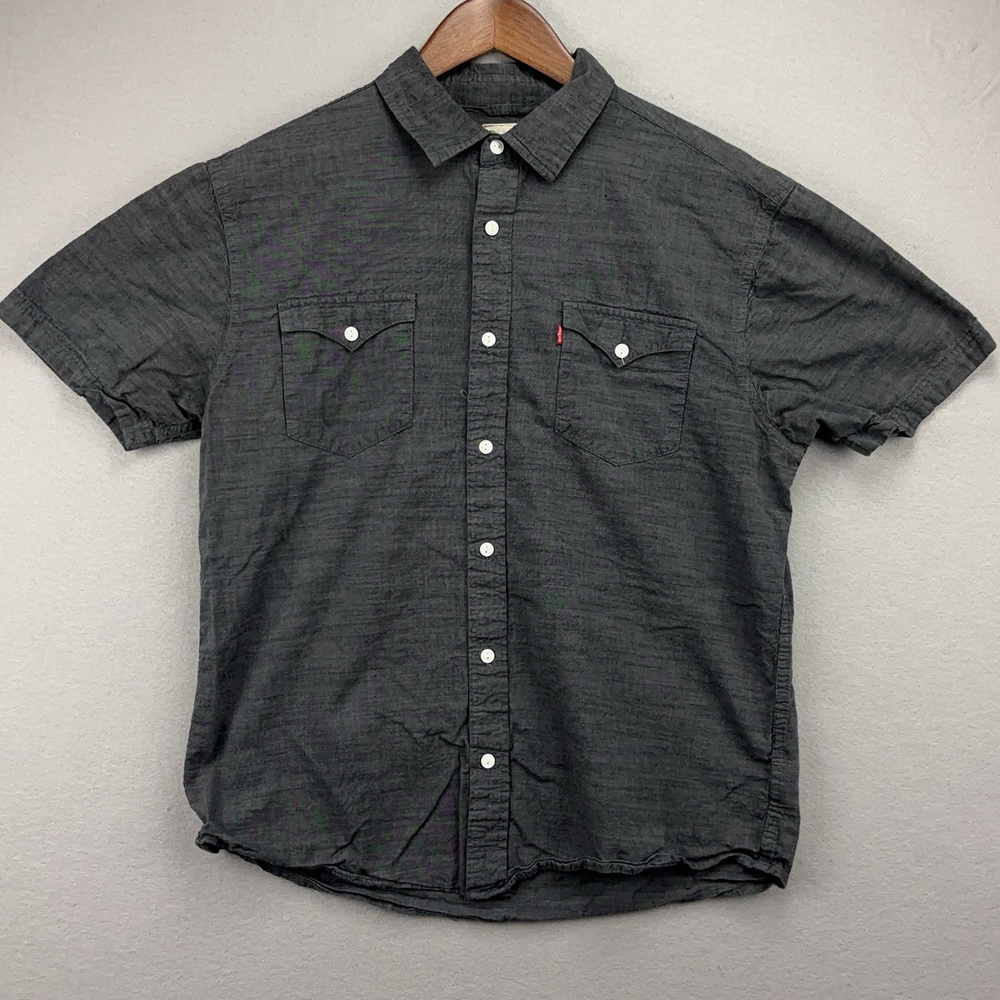 Levis Shirt Mens M Gray Chambray Cotton Short Sleeve Button-Up Western Pockets